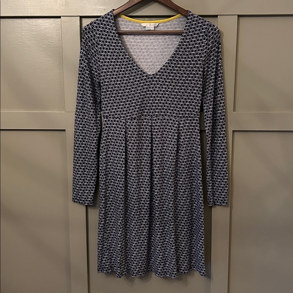 Boden Hattie Jersey Dress Long Sleeve V-Neck Navy Blue White Size 8 Long